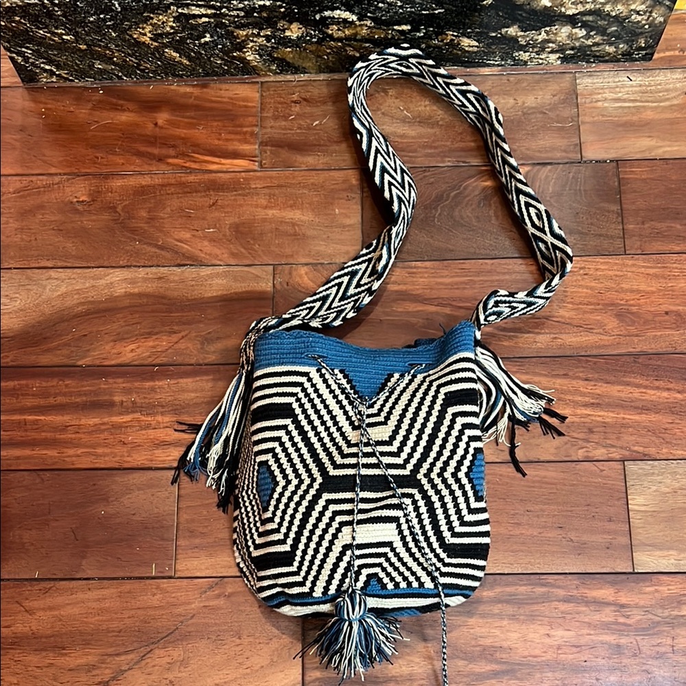 Geometric Patterned Blue and Black Women's Bag